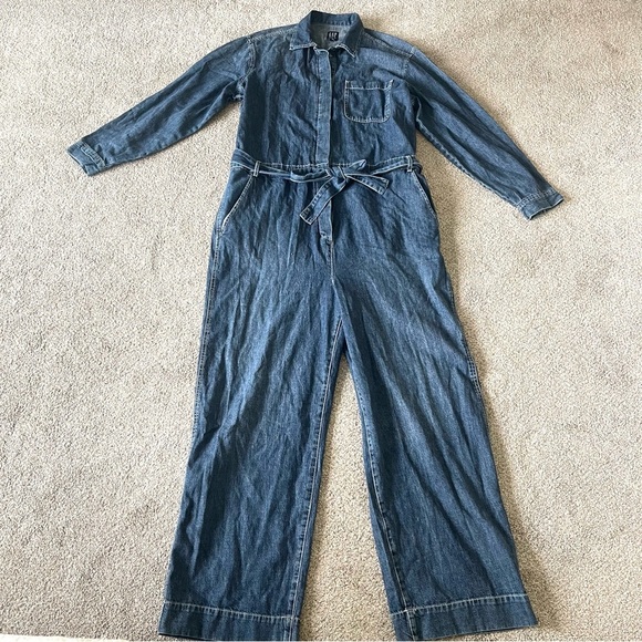 Gap Utility Blue Denim Carwash Romper Jumpsuit 16Tall Wide Leg Tie Belt NEW! - Picture 3 of 7